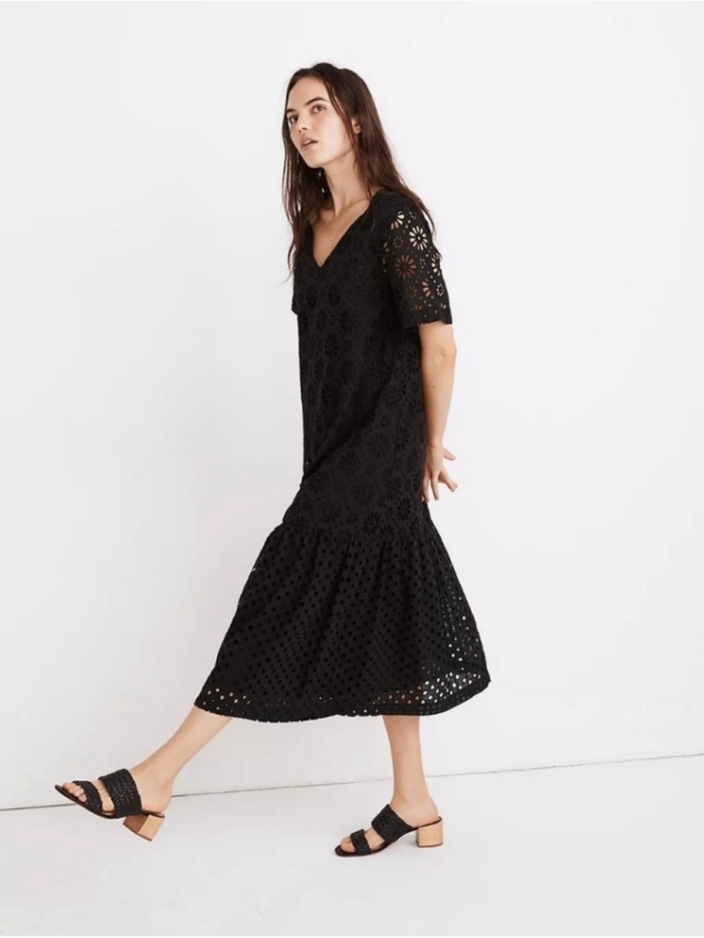 Madewell Black Eyelet V‑Neck Midi Dress